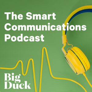 The Smart Communications Podcast cover with headphones and green background